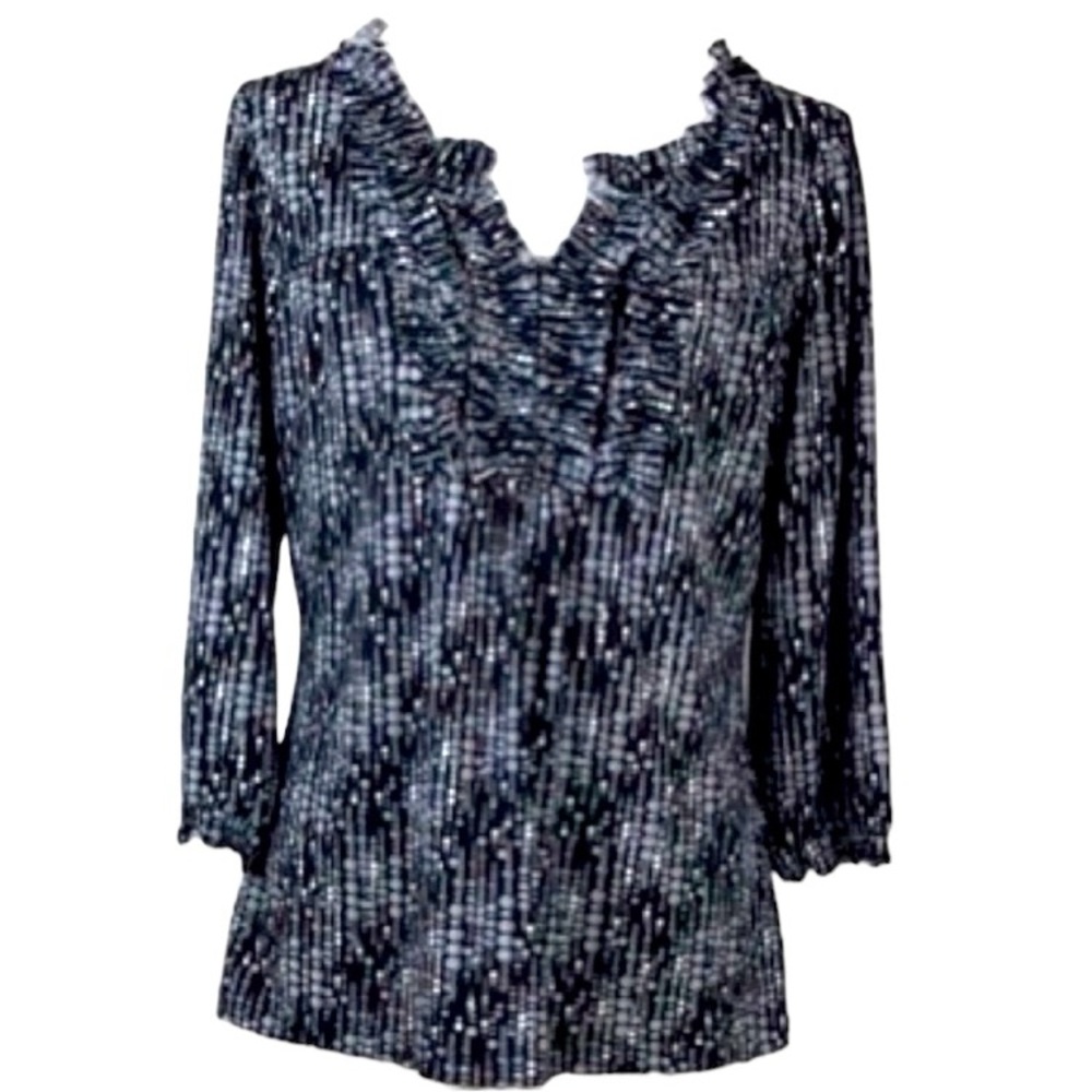 WORTHINGTON Stretch 3/4 Sleeve Pattern Ruffle V-neck Office Work Grandma Black L